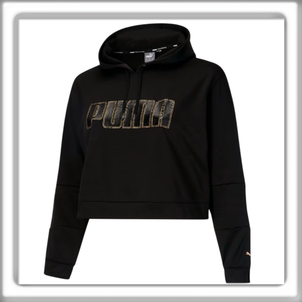 PUMA Moto Women's Pullover Cropped Hoodie Black Gold Size 1X NEW!